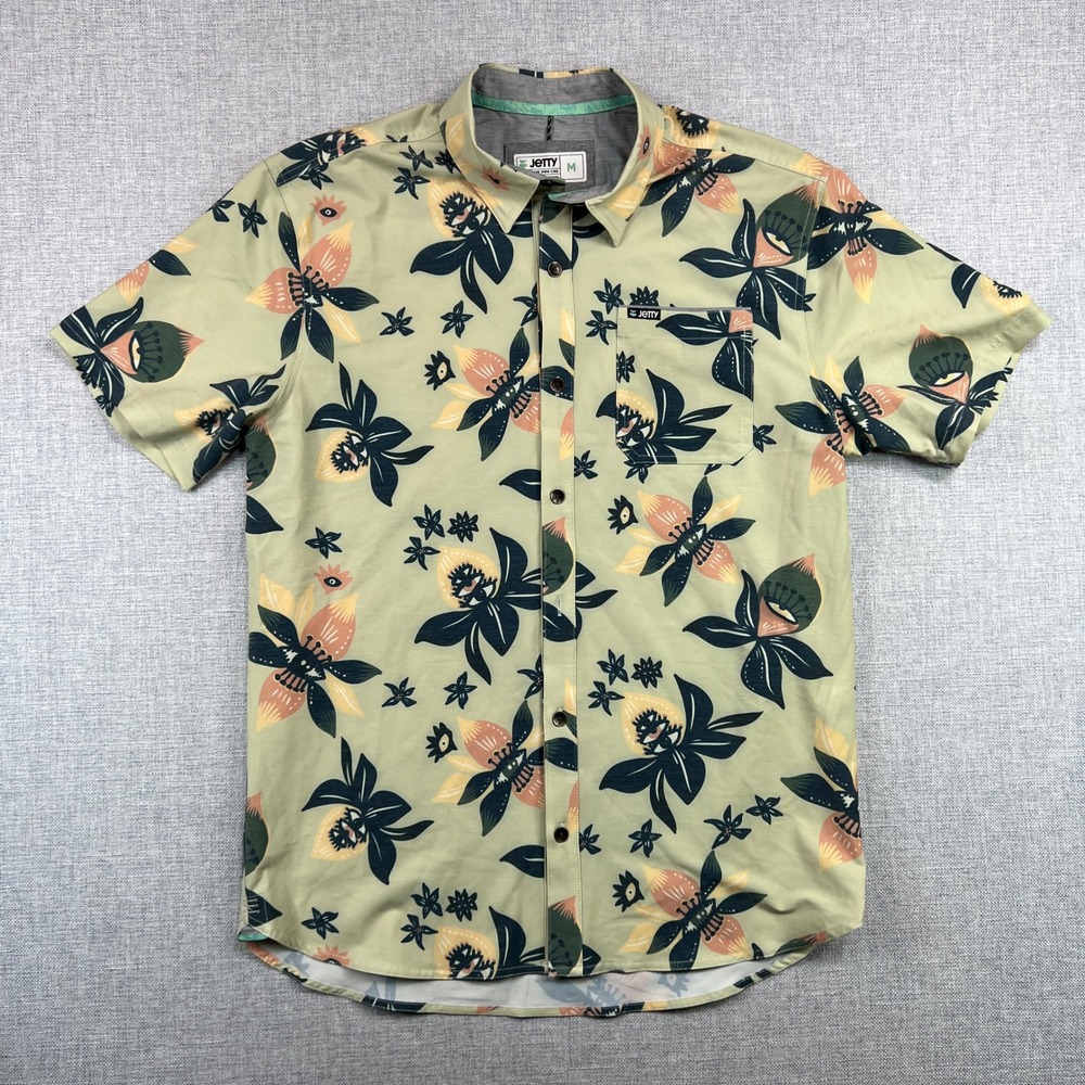 Jetty Garwood Button Camp Shirt Men M Sage Green Recycled Stretch Beach Surf ECO